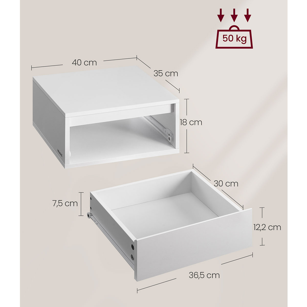 Επιτοίχιο Κομοδίνο με Συρτάρι Led (40X35X19) Vasagle Let654W01 Home Έπιπλα Κρεβατοκάμαρας Κομοδίνα Spitishop