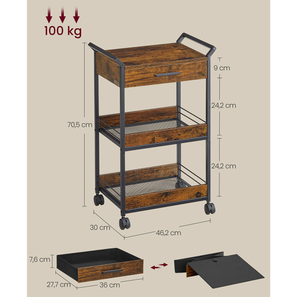 Τρόλεϊ/Ραφιέρα 3 Θέσεων Με Συρτάρι (46.2x30x70.5) Vasagle LRC048KD01