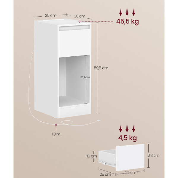 Κομοδίνο Με Ενσωματωμένες Πρίζες - USB & Led (30x25x59.5) Vasagle LET610W01