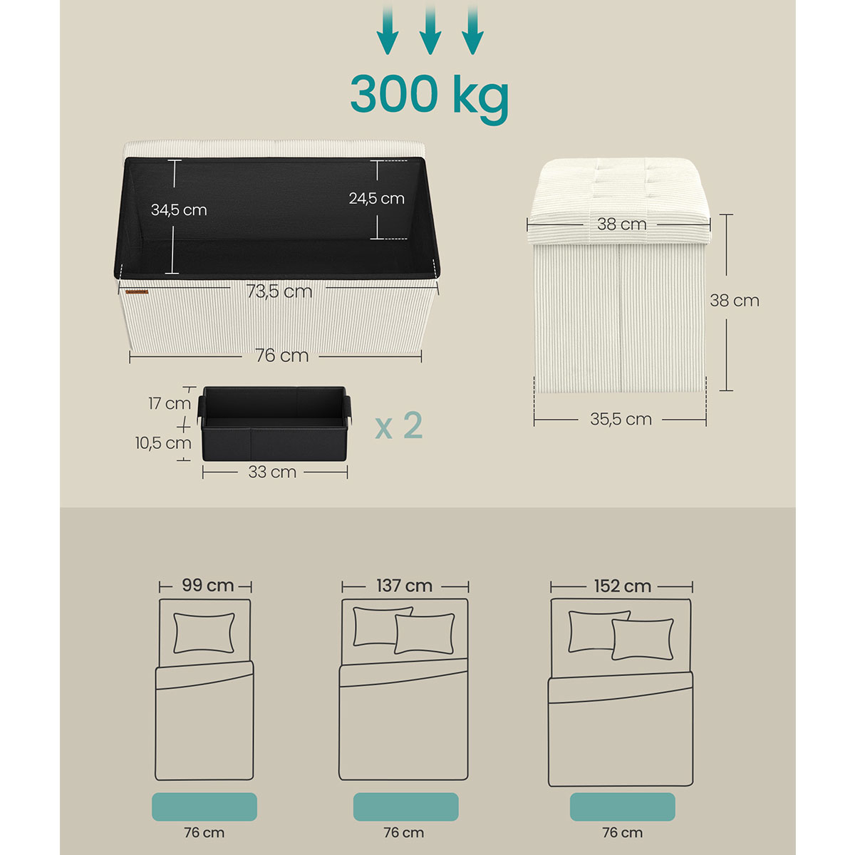 Ταμπουρέ με Αποθηκευτικό Χώρο (76X38X38) Songmics Lsf603W01 Home Έπιπλα Spitishop