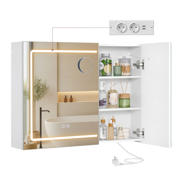 Καθρέφτης Τοίχου Με Ντουλάπι - Ενσωματωμένες Πρίζες & Led (80x16.5x60) Vasagle BBK134W01