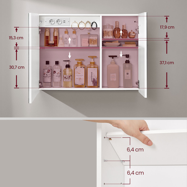 Καθρέφτης Τοίχου Με Ντουλάπι - Ενσωματωμένες Πρίζες & Led (80x16.5x60) Vasagle BBK134W01