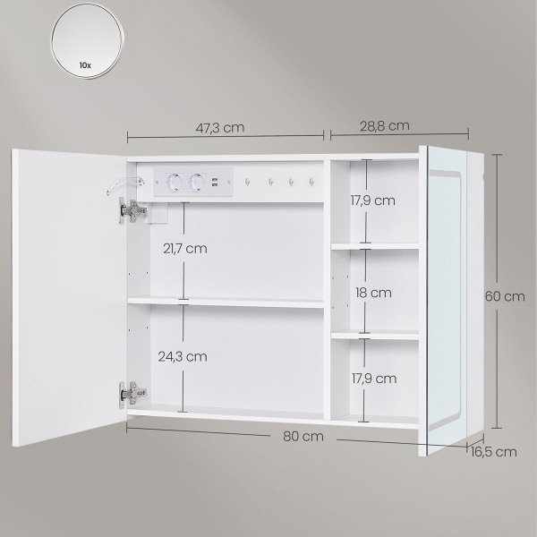 Καθρέφτης Τοίχου Με Ντουλάπι - Ενσωματωμένες Πρίζες & Led (80x16.5x60) Vasagle BBK134W01