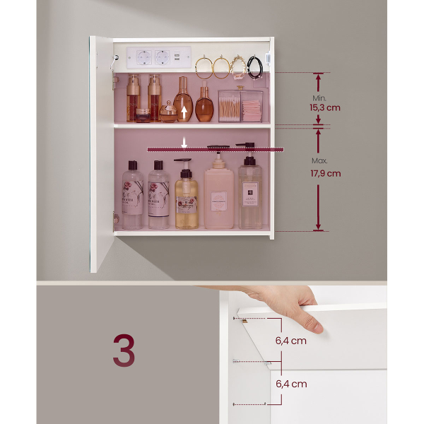 Καθρέφτης Τοίχου Με Ντουλάπι - Ενσωματωμένες Πρίζες & Led (50x16.5x60) Vasagle BBK133W01