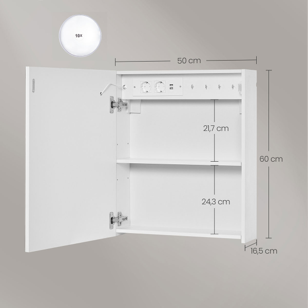 Καθρέφτης Τοίχου Με Ντουλάπι - Ενσωματωμένες Πρίζες & Led (50x16.5x60) Vasagle BBK133W01
