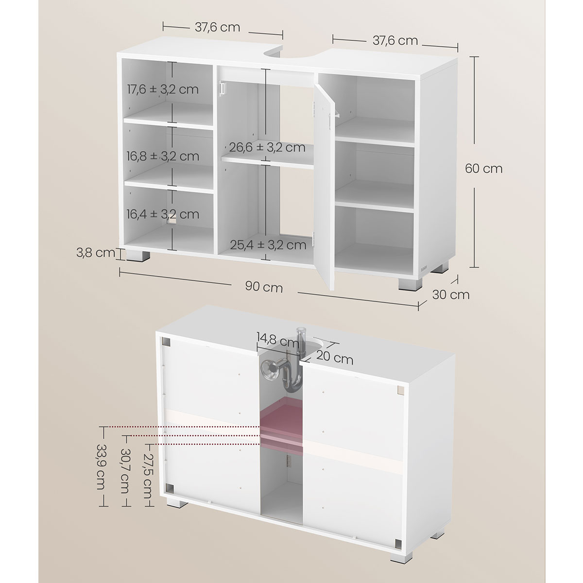 Ντουλάπι Νιπτήρα Μπάνιου με Ράφι (90X30X60) Vasagle Bbk507W01 Home Μπάνιο Έπιπλα Ντουλάπια & Spitishop