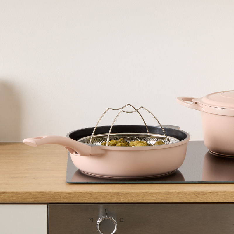 Αντικολλητική Σωτέζα Ατμού (28εκ.) Χυτού Αλουμινίου Με Καπάκι F-V Aluro Pink 189456B