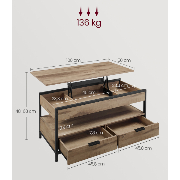 Τραπέζι Σαλονιού Με Σερβιτόρο & 2 Συρτάρια & Ράφι (100x50x48) Vasagle LCT209K02V1