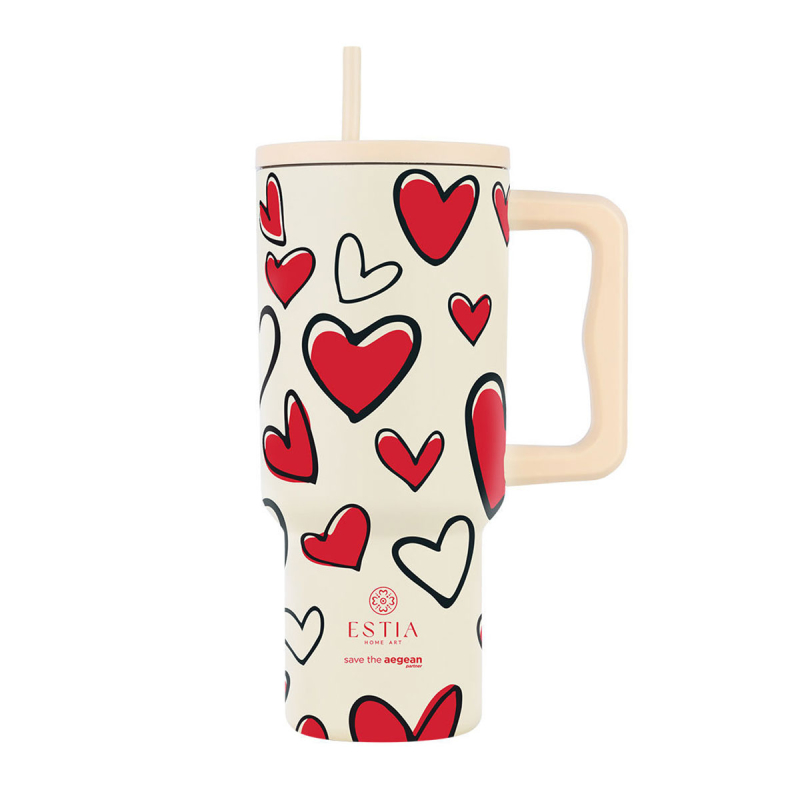 Κούπα Θερμός Με Λαβή & Καλαμάκι 900ml Estia Save The Aegean Tumbler Red Valentine 01-37734