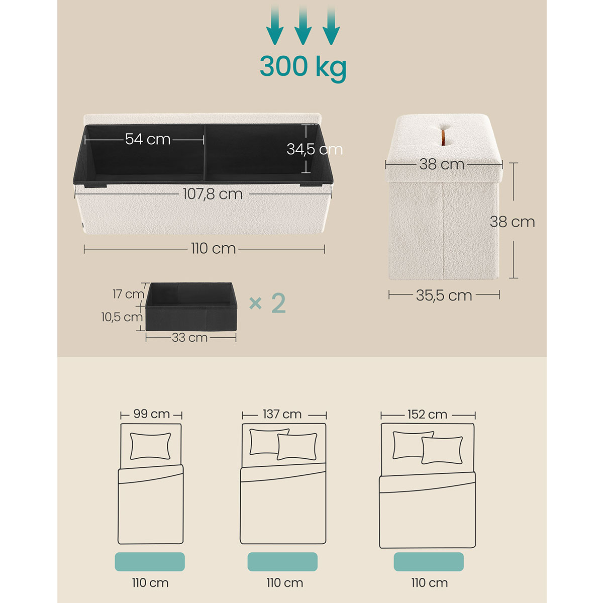 Ταμπουρέ με Αποθηκευτικό Χώρο (110X38X38) Songmics Lsf097W02 Home Έπιπλα Spitishop