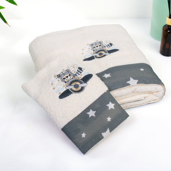 Παιδικές Πετσέτες (Σετ 2τμχ) Dimcol Aviator 185 Ecru-Grey