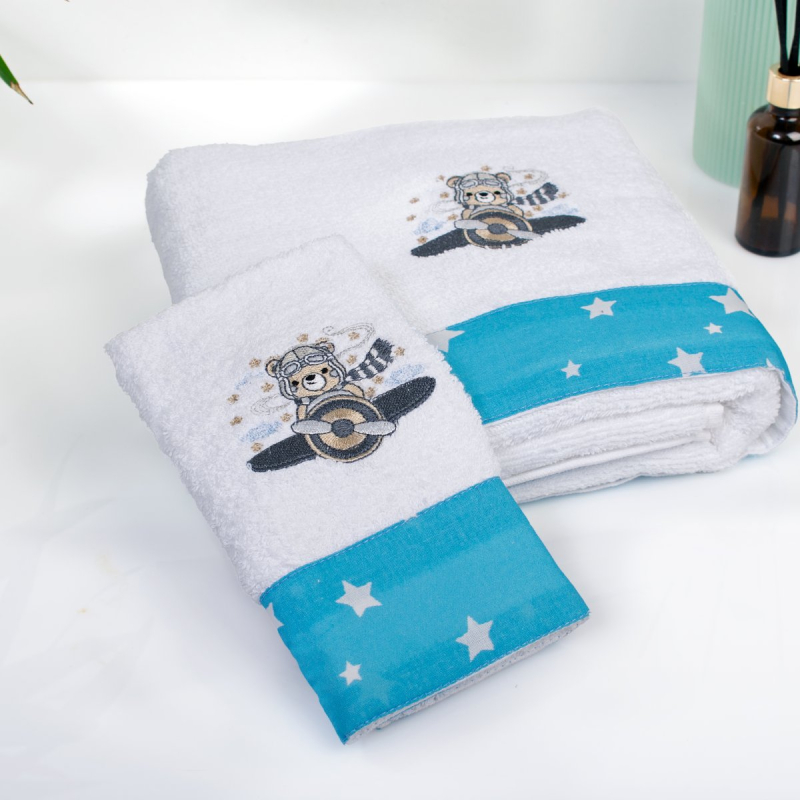 Παιδικές Πετσέτες (Σετ 2τμχ) Dimcol Aviator 184 White-Sky Blue