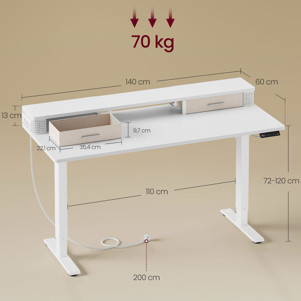 Ηλεκτρικό Γραφείο Με Ενσωματωμένες Πρίζες (140x60x72/120) & Ρυθμιζόμενο Ύψος Vasagle LSD184WZ01