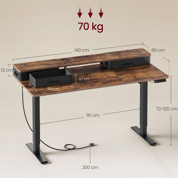 Ηλεκτρικό Γραφείο Με Ενσωματωμένες Πρίζες (140x60x72/120) & Ρυθμιζόμενο Ύψος Vasagle LSD184KD02