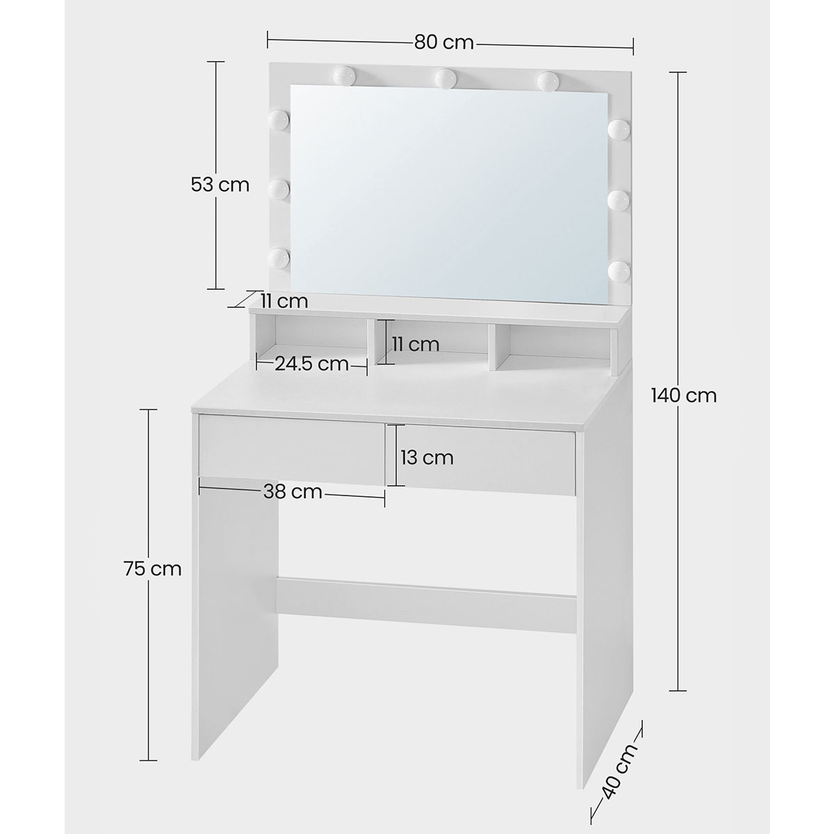Μπουντουάρ με Καθρέφτη Φως (80X40X140) Vasagle Rdt120Wb01 Home Έπιπλα Κρεβατοκάμαρας & Τουαλέτες Spitishop