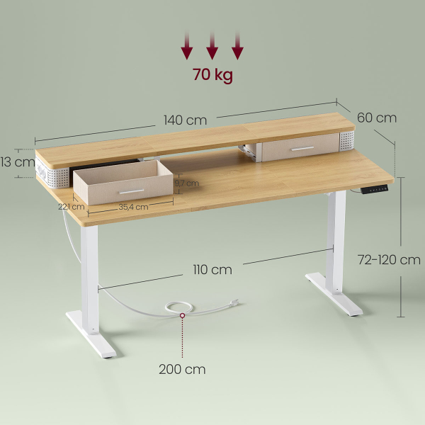 Ηλεκτρικό Γραφείο Με Ενσωματωμένες Πρίζες (140x60x72/120) & Ρυθμιζόμενο Ύψος Vasagle LSD184YD01