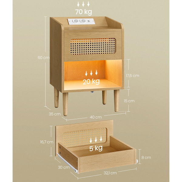Κομοδίνο Με Ενσωματωμένες Πρίζες - USB & Led (40x35x60) Songmics LET617Y02V1