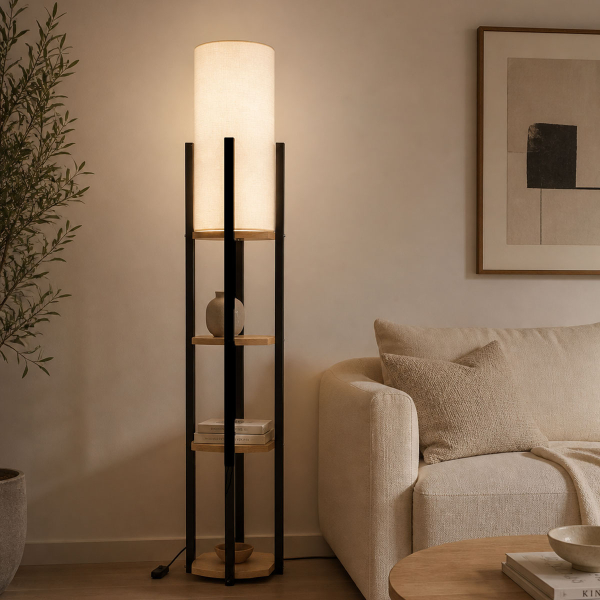 Φωτιστικό Δαπέδου Με Ραφιέρα A-G Nora 390FLH1162 Black/Natural