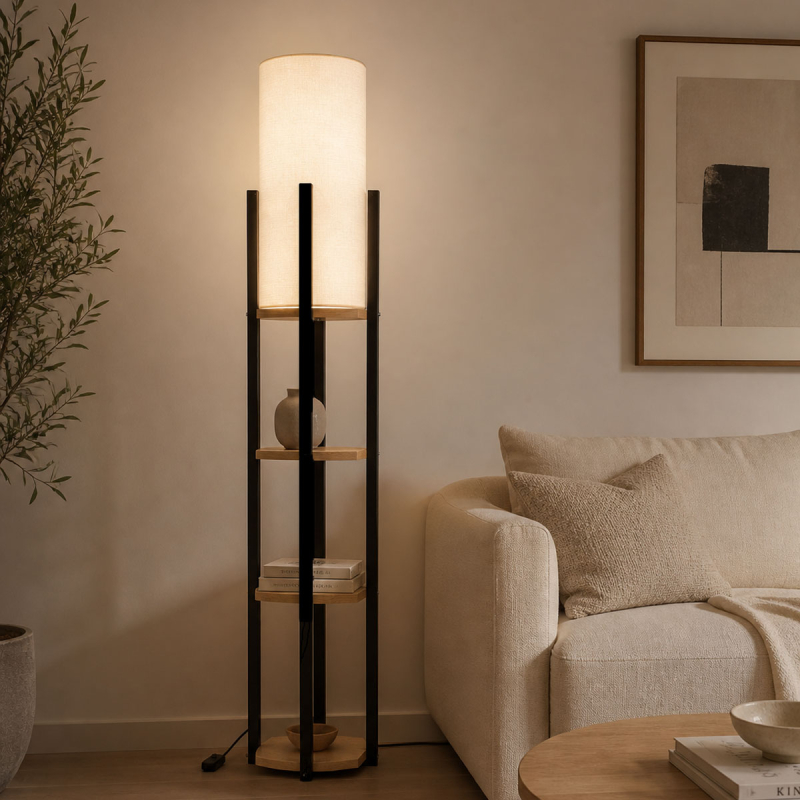 Φωτιστικό Δαπέδου Με Ραφιέρα A-G Nora 390FLH1162 Black/Natural