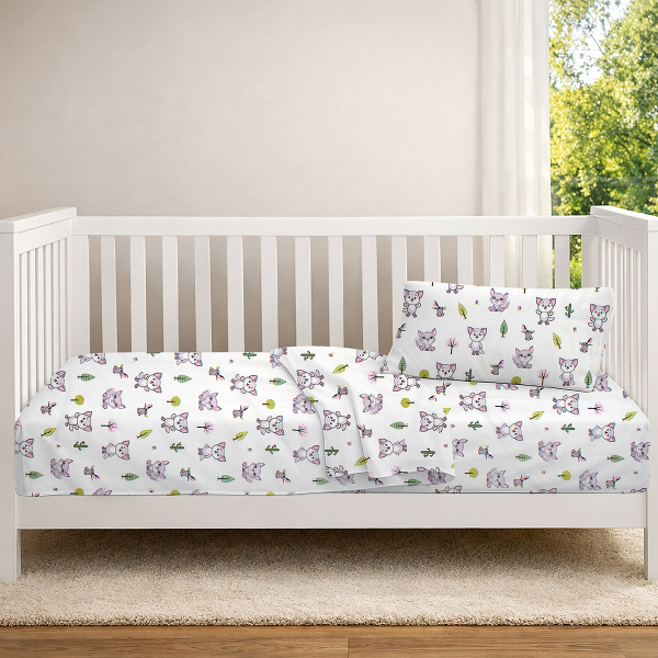 Σεντόνι Κούνιας Με Λάστιχο (70x140+15) Dimcol Baby Foxes 594 White - Pastel Lilac