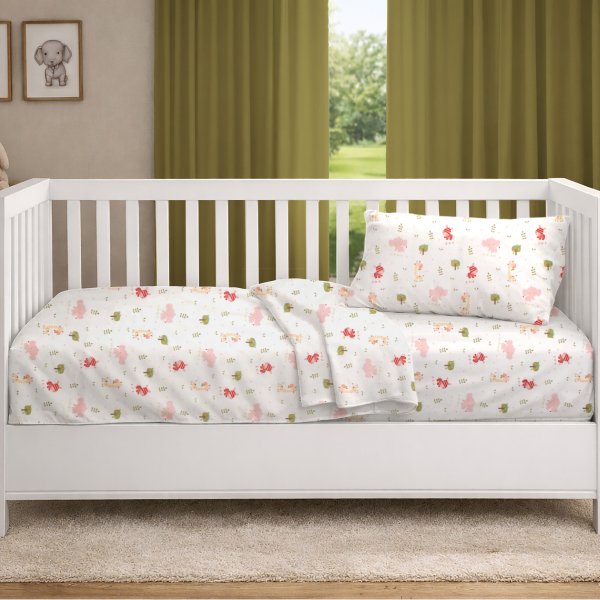 Σεντόνια Κούνιας (Σετ) Dimcol Happy Safari 712 White - Pink