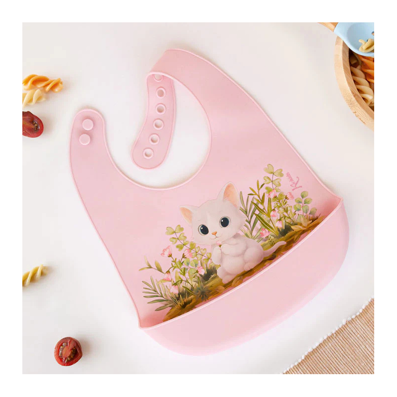 Σαλιάρα Σιλικόνης 4+ Μηνών (24x32) Kiokids Γατάκι Ροζ 6652
