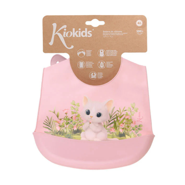 Σαλιάρα Σιλικόνης 4+ Μηνών (24x32) Kiokids Γατάκι Ροζ 6652