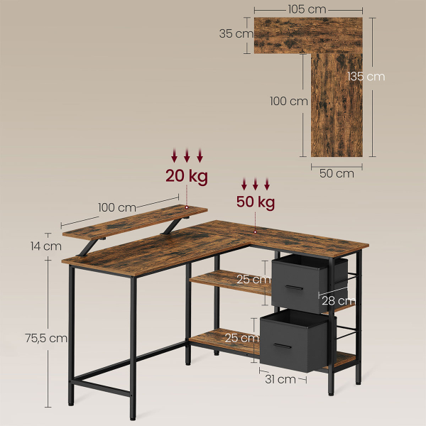 Γωνιακό Γραφείο Υπολογιστή Με 4 Ράφια (135x105x89) Vasagle LWD098B01V1