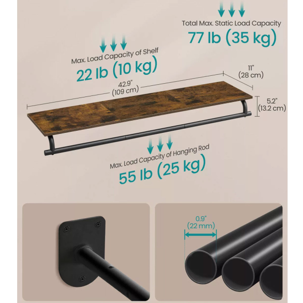 Κρεμάστρα Τοίχου Με Ράφι (109x28x13.2) Songmics HSR135BD02