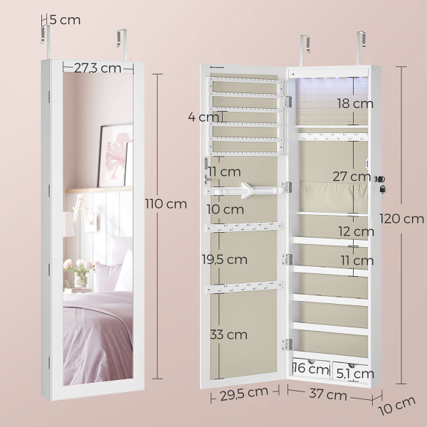Καθρέφτης Τοίχου/Κοσμηματοθήκη Με Led (37x10x120) Songmics JJC093W01