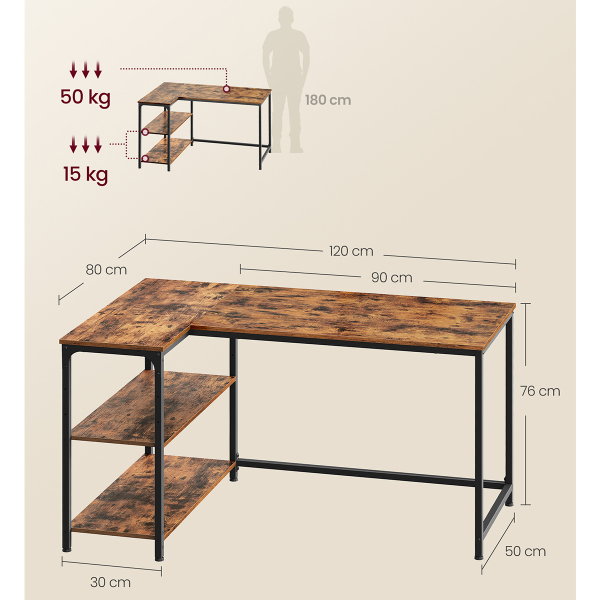Γωνιακό Γραφείο Υπολογιστή Με 2 Ράφια (120x80x76) Vasagle LWD136KD01