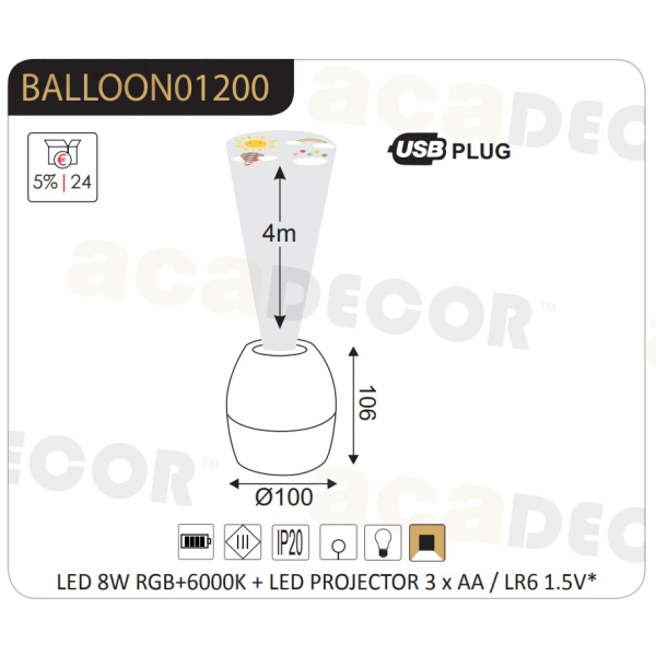 Παιδικό Φωτάκι Νυκτός LED & Προβολέας Aca Balloon