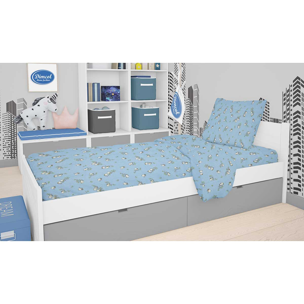Φανελένια Σεντόνια Μονά (Σετ) Dimcol Birds 14 Blue Home Παιδικά Λευκά Είδη Spitishop
