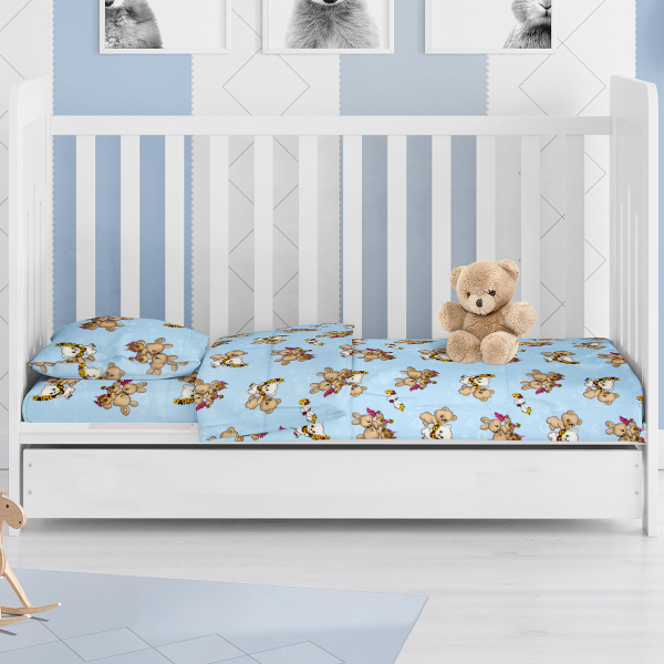 Φανελένιο Σεντόνι Λίκνου Επίπεδο (80x110) Dimcol Little Brothers 147 Sky Blue