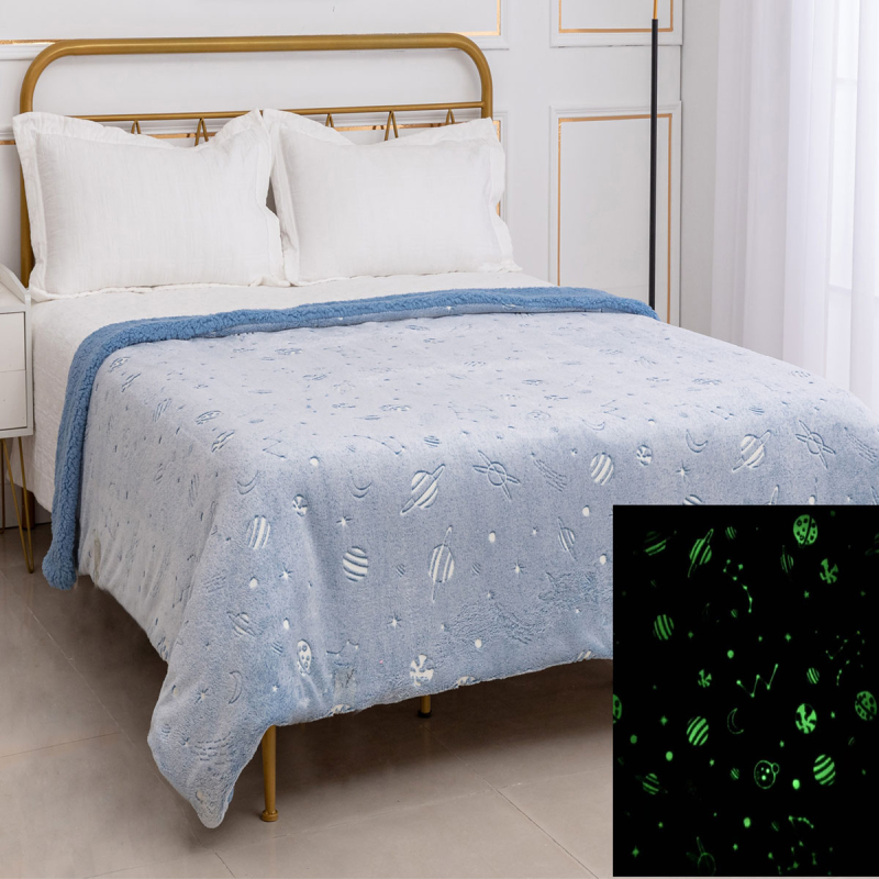 Φωσφοριζέ Κουβέρτα Fleece Μονή Με Γουνάκι (170x220) Silk Fashion Space Σιέλ