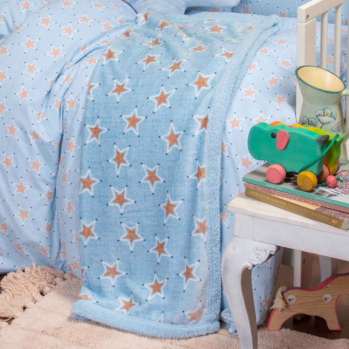 Κουβέρτα Fleece Κούνιας (105x160) Με Γουνάκι Melinen Mini Stars Boy