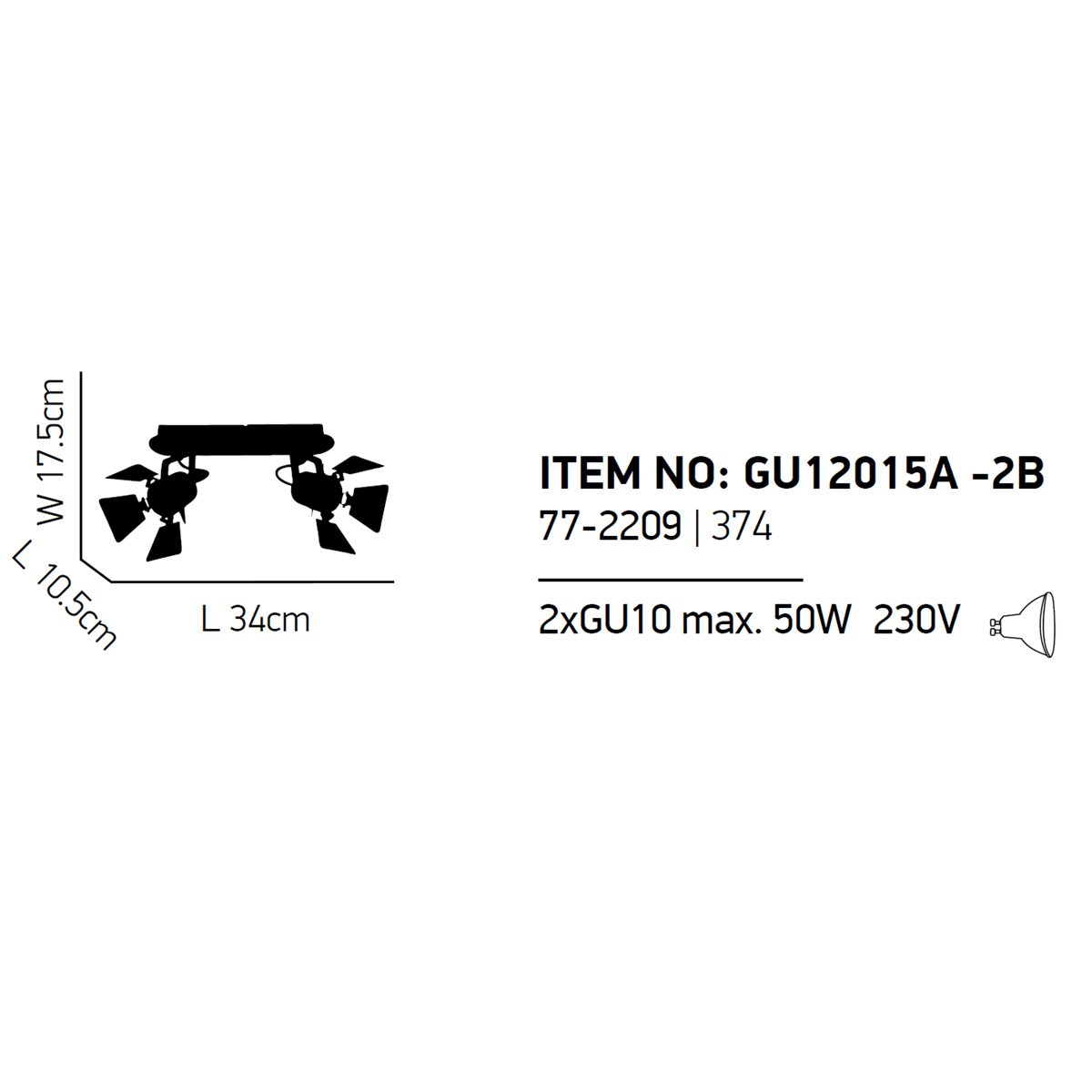 Σποτ Δίφωτο Homelighting Mystic 77-2209 Black Home Φωτιστικά Οροφής - Τοίχου Spitishop