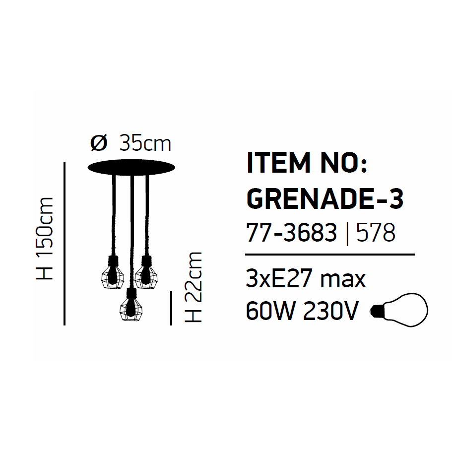Φωτιστικό Οροφής Τρίφωτο Homelighting Grenade 77-3683 Rope Black Matt Home Φωτιστικά Spitishop