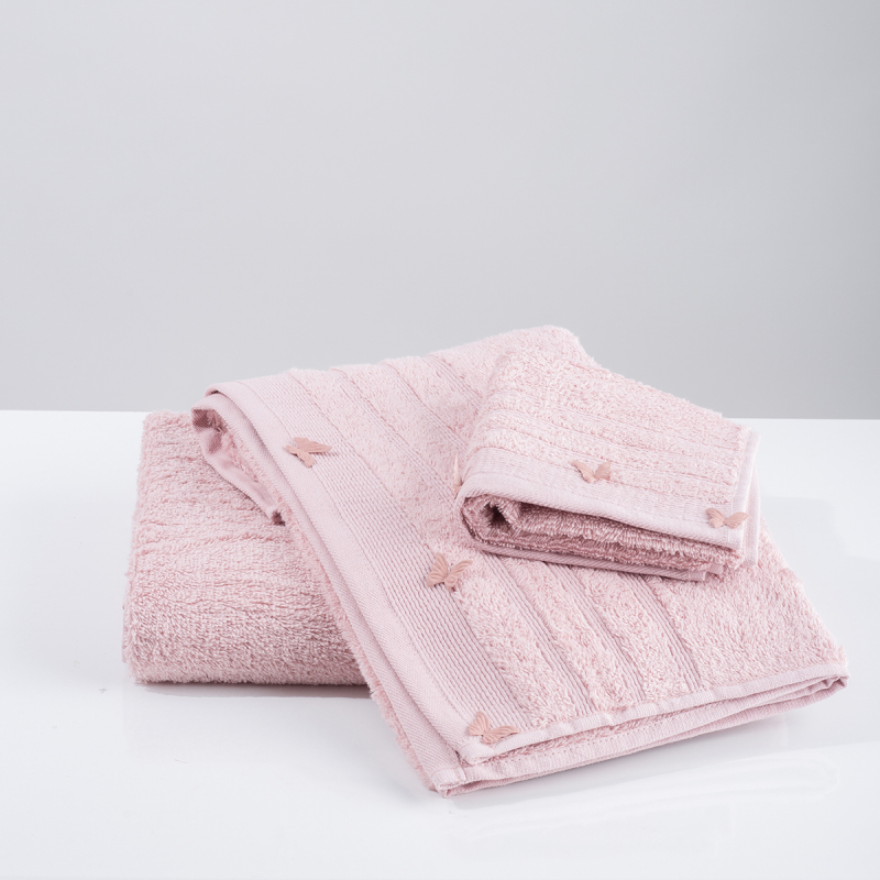 Πετσέτα Προσώπου (50x90) White Fabric Butterflies Applique Pink 500gsm