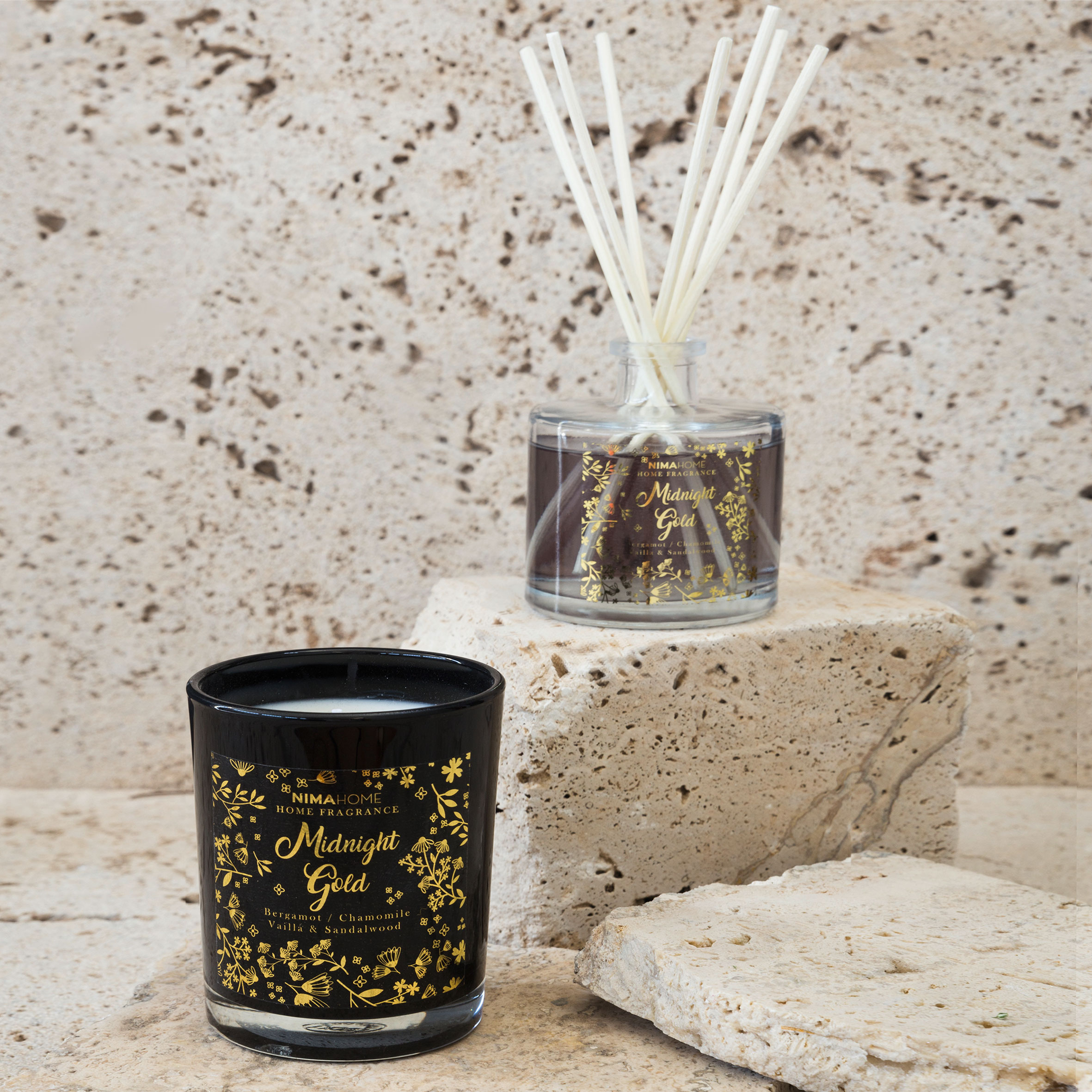 Αρωματικό Χώρου Με Στικς + Αρωματικό Κερί Nima Aroma Midnight Gold