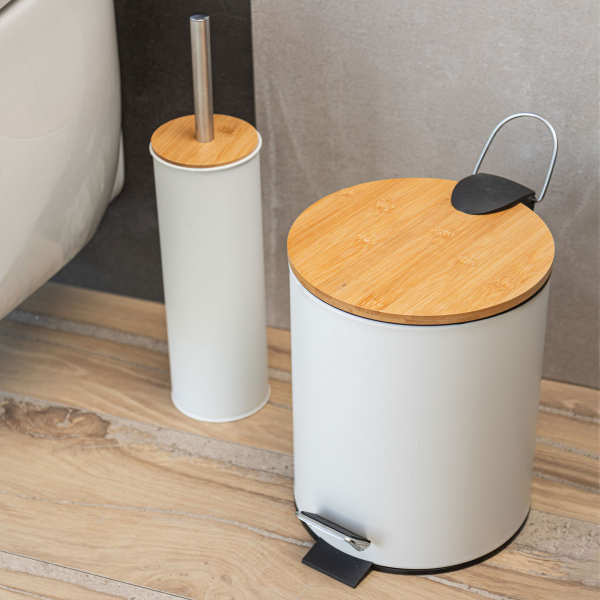 Κάδος Απορριμμάτων Μπάνιου (Φ20.5x25.5) Estia 5lt Bamboo Essentials White 02-12731