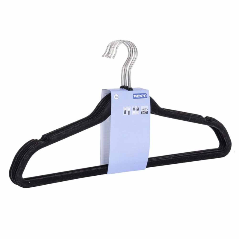 Κρεμάστρες Ρούχων (Σετ 5τμχ) Wenko Flocked Black 64100100