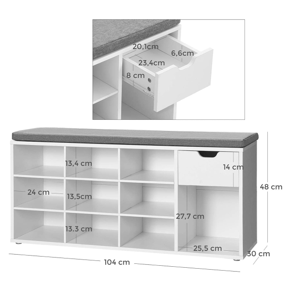 Παγκάκι Εισόδου - Παπουτσοθήκη 10 Θέσεων Με Συρτάρι (104x30x48) Vasagle LHS024W01V1